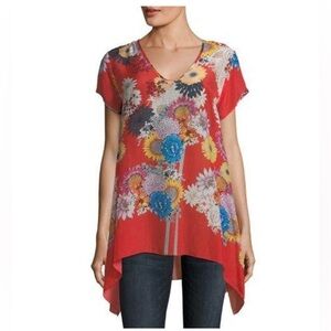 EUC Johnny Was Red Floral Swing Tunic Top Small Cupra Rayon “Dolce” Sheer